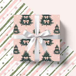 Pink And Green Christmas Tree Bows Candy Canes Wrapping Paper Sheet