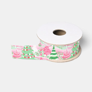 Pink and Green Christmas Trees Grosgrain Ribbon