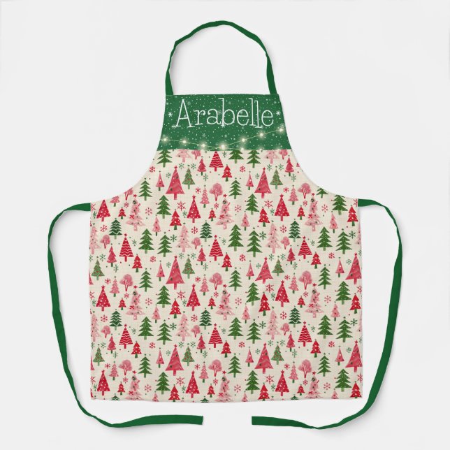Pink and Green Christmas Trees Pattern Apron (Front)