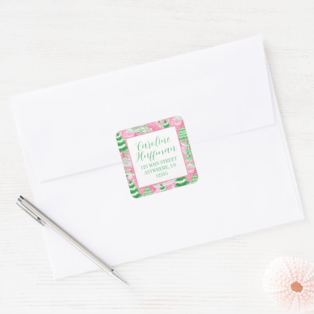 Pink and Green Christmas Trees Return Address Square Sticker (Envelope)