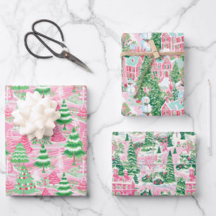 Pink and Green Christmas Trees Wrapping Paper Sheet