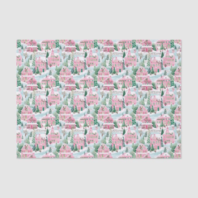 Pink and Green Christmas Village Tissue Paper (Front)