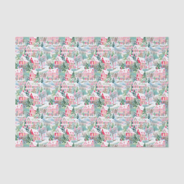 Pink and Green Christmas Village Tissue Paper (Front)