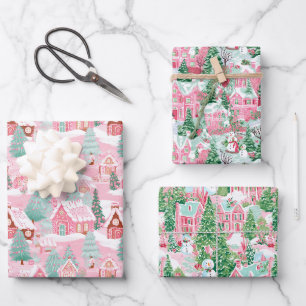 Pink and Green Christmas Village Wrapping Paper Sheet