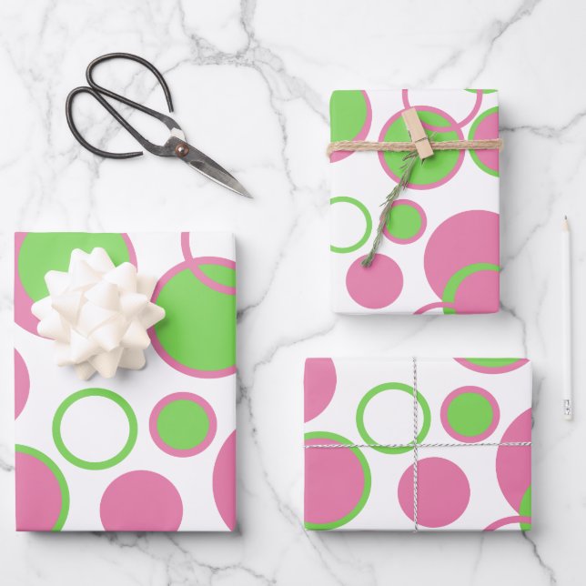 Pink and Green Circles Wrapping Paper Sheet (Front)