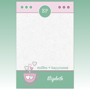 Pink and green coffee cup with a name post-it notes