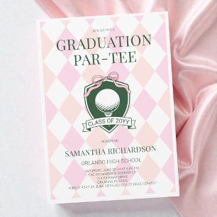 Pink and Green Coquette Bow Golf Graduation Party Invitation