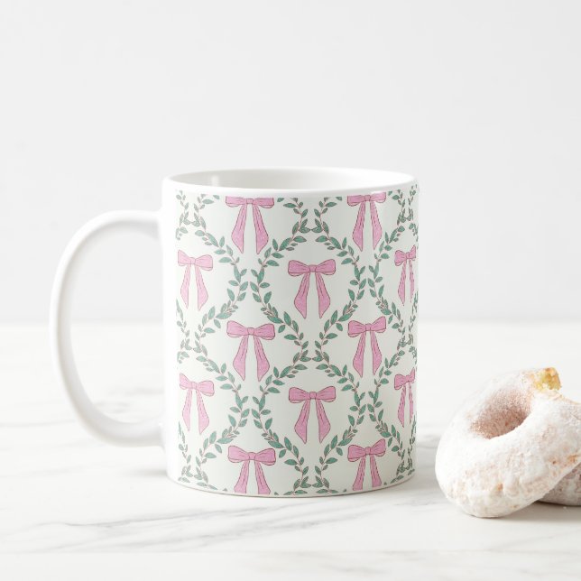 Pink and Green Coquette Bow Vines Glossy Mug (With Donut)