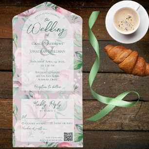 Pink and Green Country Floral QR Code All In One Invitation