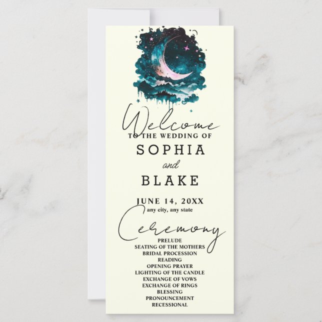Pink and Green Crescent Moon Wedding Program (Front)