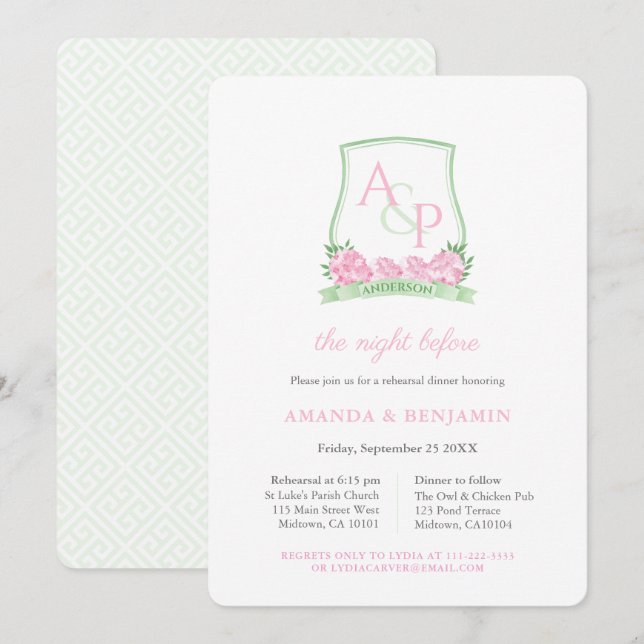 Pink And Green Crest Wedding Rehearsal Dinner Invitation (Front/Back)