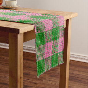 Pink and Green Crosshatch Chequered Pattern Short Table Runner