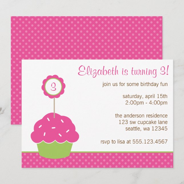 Pink and Green Cupcake Polka Dot Birthday Party Invitation (Front/Back)