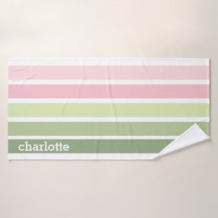 Pink and Green Custom Name Bath Towel Bold Stripes