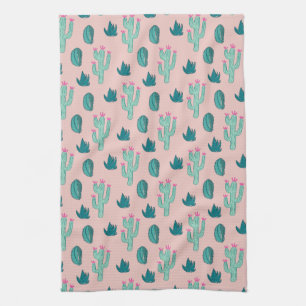 Pink and Green Cute Cactus Drawing Pattern Kitchen Towel