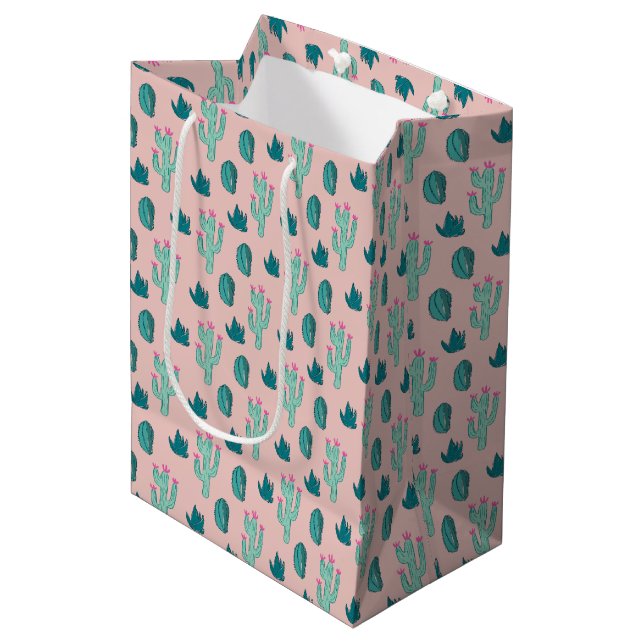 Pink and Green Cute Cactus Pattern Medium Gift Bag (Front Angled)