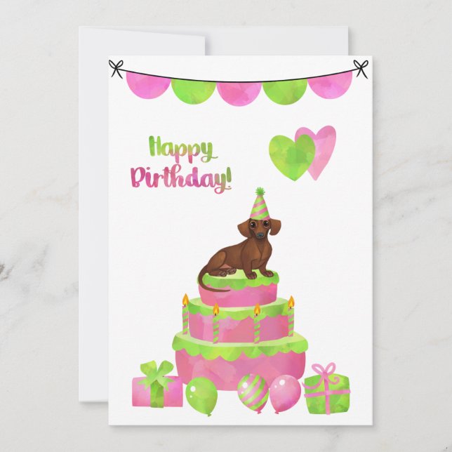 Pink and Green Dachshund Birthday Party Invitation (Front)