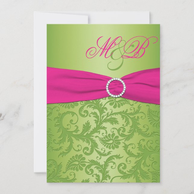 Pink and Green Damask Monogrammed Invitation (Front)