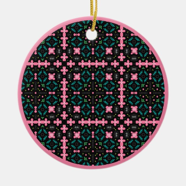 Pink and green doodle 1 ceramic ornament (Front)