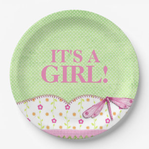 Pink and Green Dragonfly Baby Shower Paper Plate