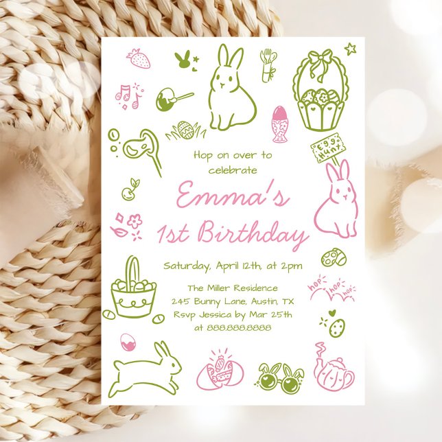 Pink and Green Easter 1st Birthday Invitation (Creator Uploaded)