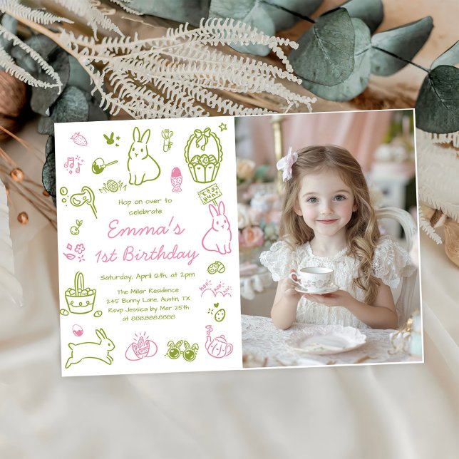 Pink and Green Easter 1st Birthday Photo Invitation (Creator Uploaded)