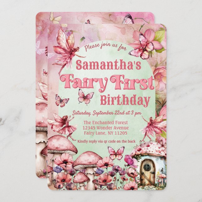 Pink and Green Fairy First Birthday QR Code Invitation (Front/Back)