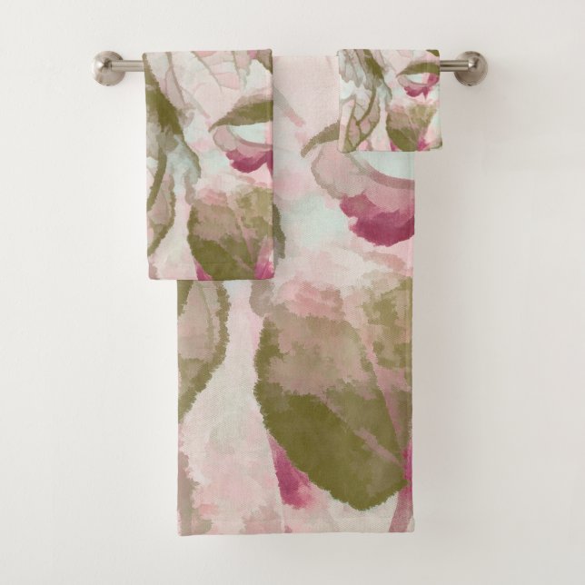 Pink and Green Fallen Leaves Bath Towel Set (Insitu)