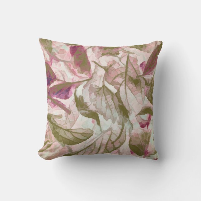 Pink and Green Fallen Leaves Throw Pillow (Front)