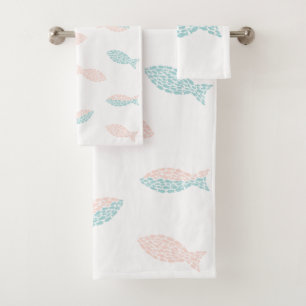 Pink and green fish bath towel set