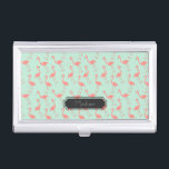 Pink and Green Flamingo Pattern | Add Your Name Business Card Holder<br><div class="desc">This is a drawing of a flamingo bird that was made into a pattern. The background is a pretty mint colour.  There is a frame in the design where you can have your name printed.</div>