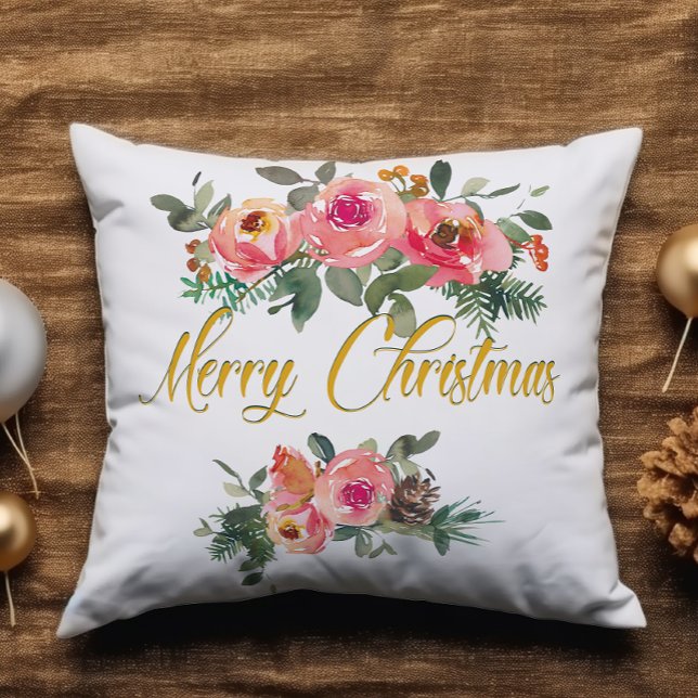 Pink and Green Floral Add Name Merry Christmas Throw Pillow (Creator Uploaded)