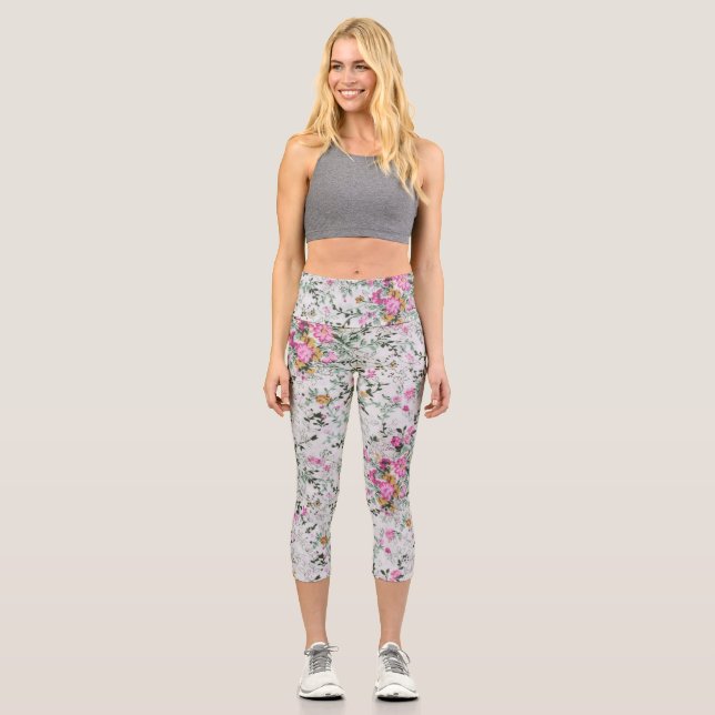 Pink and green floral artistic design  capri leggings (Front)