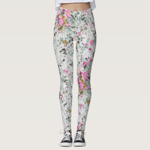 Pink and green floral artistic design leggings