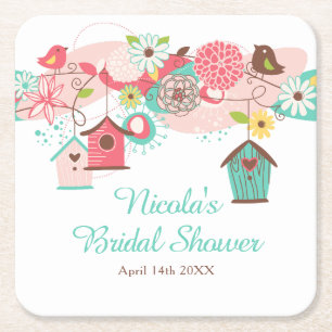 Pink and Green Floral Bird Cages Bridal Shower Square Paper Coaster