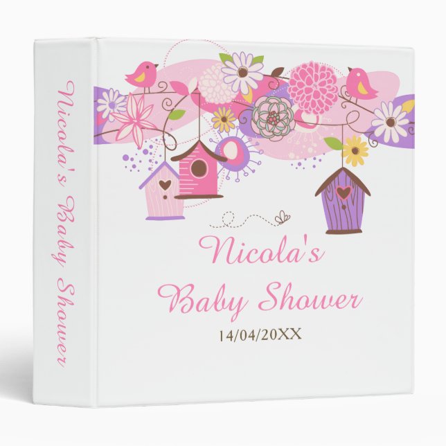 Pink and Green Floral Bird Houses Bridal Shower Binder (Front/Spine)