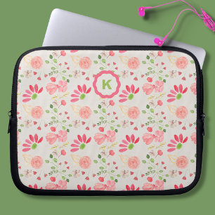 Pink and Green Floral Botanicals Monogram Laptop Sleeve