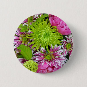 Pink and green floral bouquet 2 inch round button
