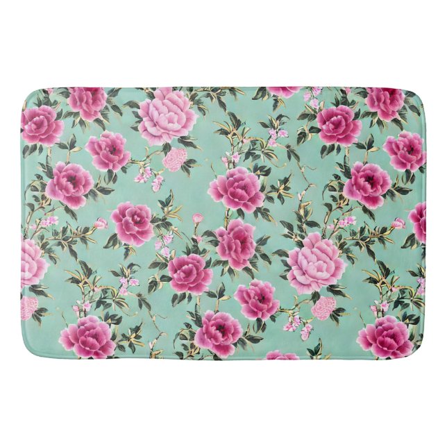 Pink and Green Floral Chinoiserie Bath Mat (Front)