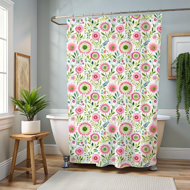 Pink and Green Floral Cottagecore Shower Curtain (Creator Uploaded)