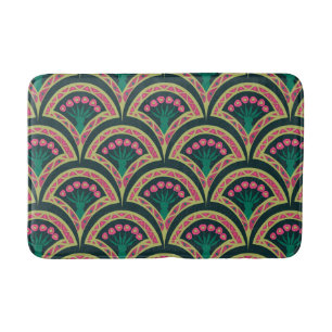 Pink and Green Floral Fan Pattern Bath Mat
