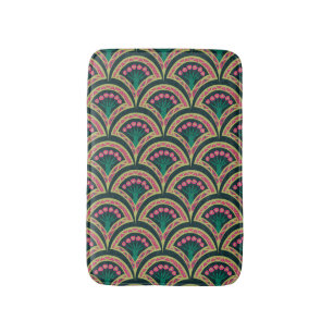 Pink and Green Floral Fan Pattern Bath Mat