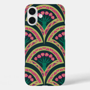 Pink and Green Floral Fan Pattern iPhone 16 Plus Case