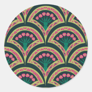 Pink and Green Floral Fan Pattern Classic Round Sticker