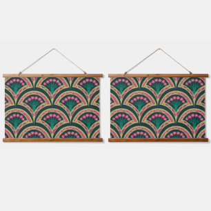 Pink and Green Floral Fan Pattern Hanging Tapestry