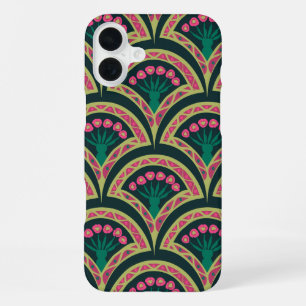 Pink and Green Floral Fan Pattern iPhone 16 Plus Case
