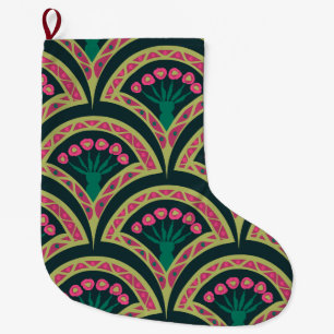 Pink and Green Floral Fan Pattern Large Christmas Stocking