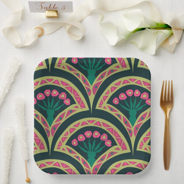 Pink and Green Floral Fan Pattern Paper Plate (Wedding)