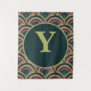 Pink and Green Floral Fan Pattern Tapestry
