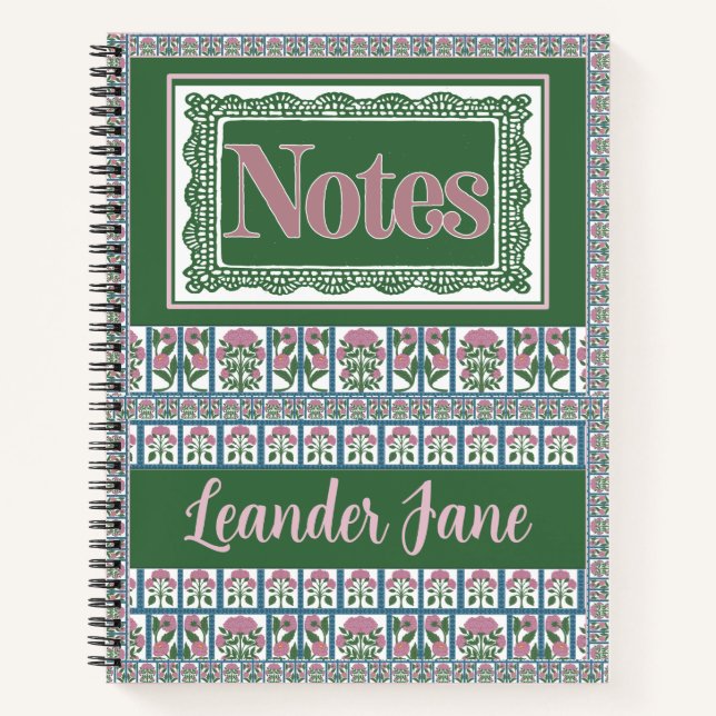Pink and Green Floral Folk Art Quilt Pattern Notebook (Front)
